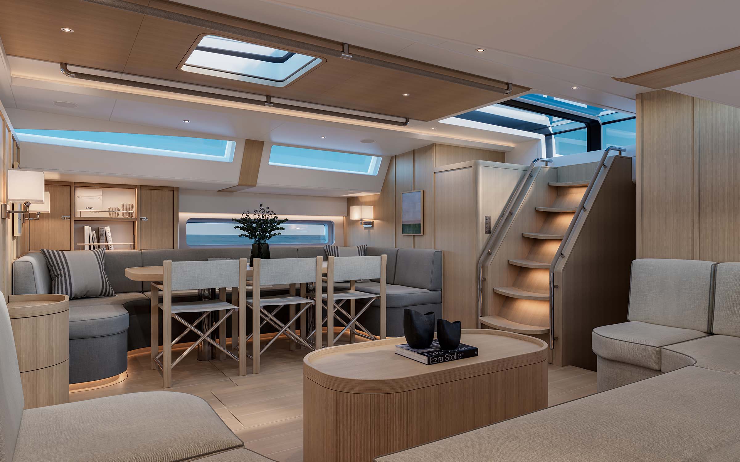 The saloon in the Timeless Classic scheme, with light wood and pale upholstery