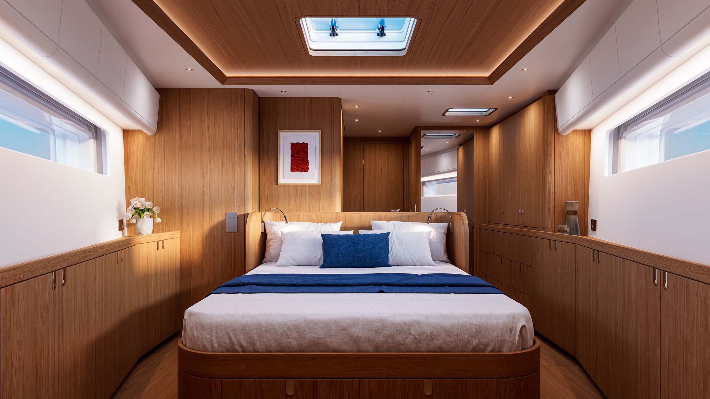 The owner's cabin in the Traditional Navy scheme, with blue bedding