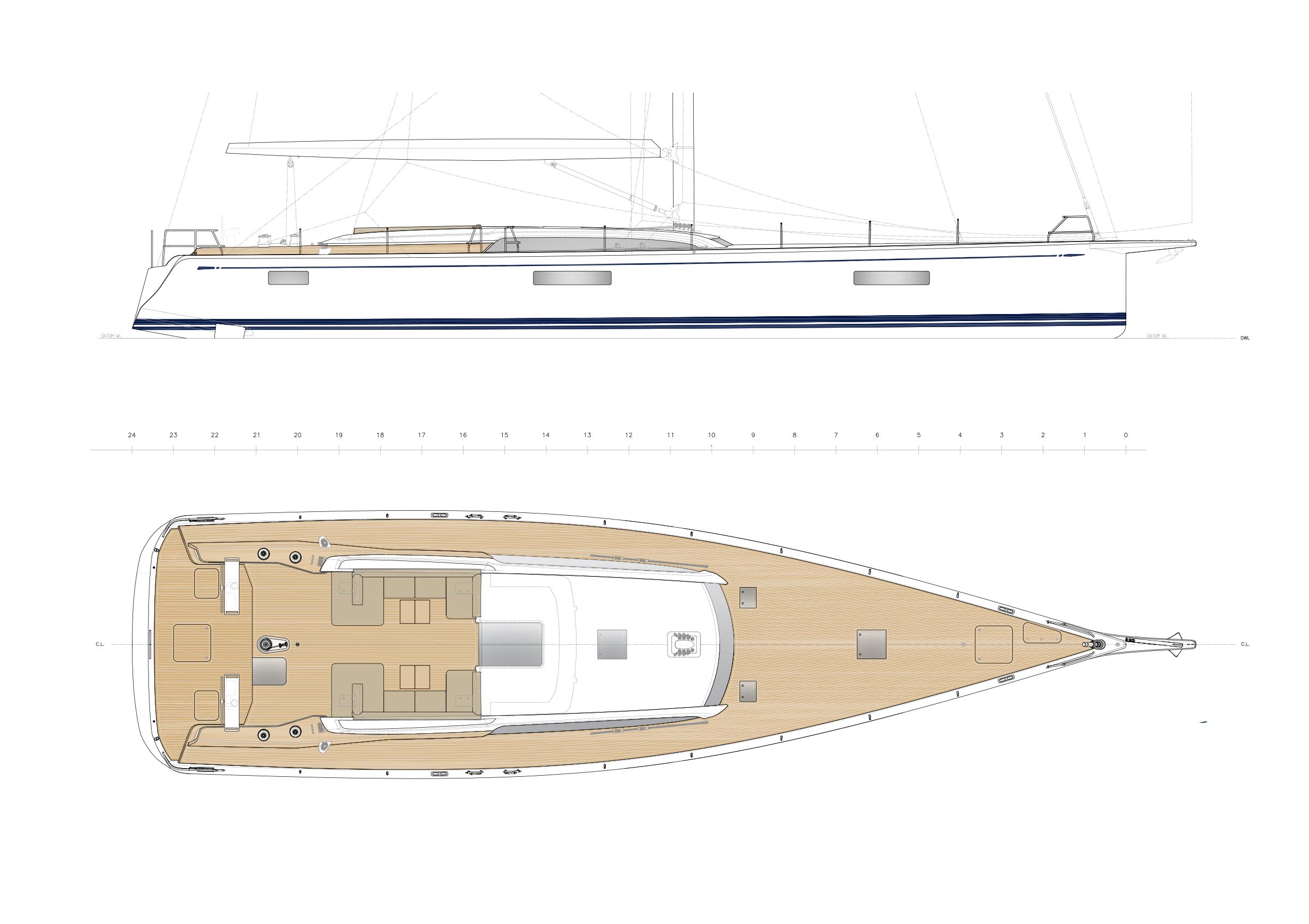 Nautor's conceptual deck arrangement with the owner's cabin forward