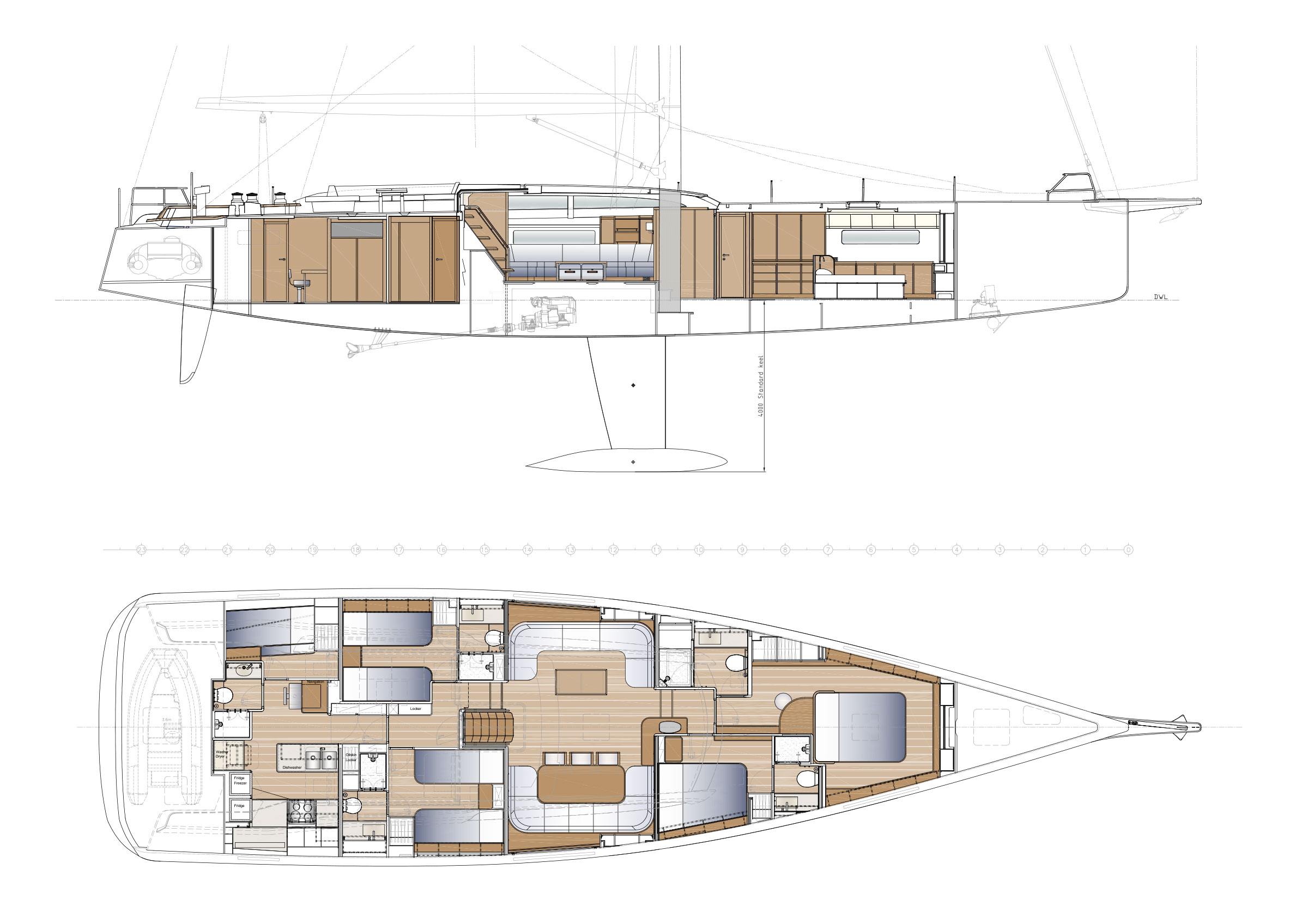 Nautor's conceptual general arrangement with the owner's cabin forward