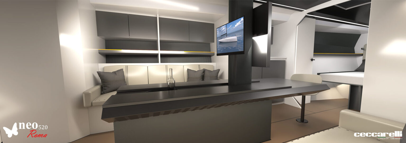 Neo's render of the 520 Roma interior, with a dinette and a screen on the bulkhead