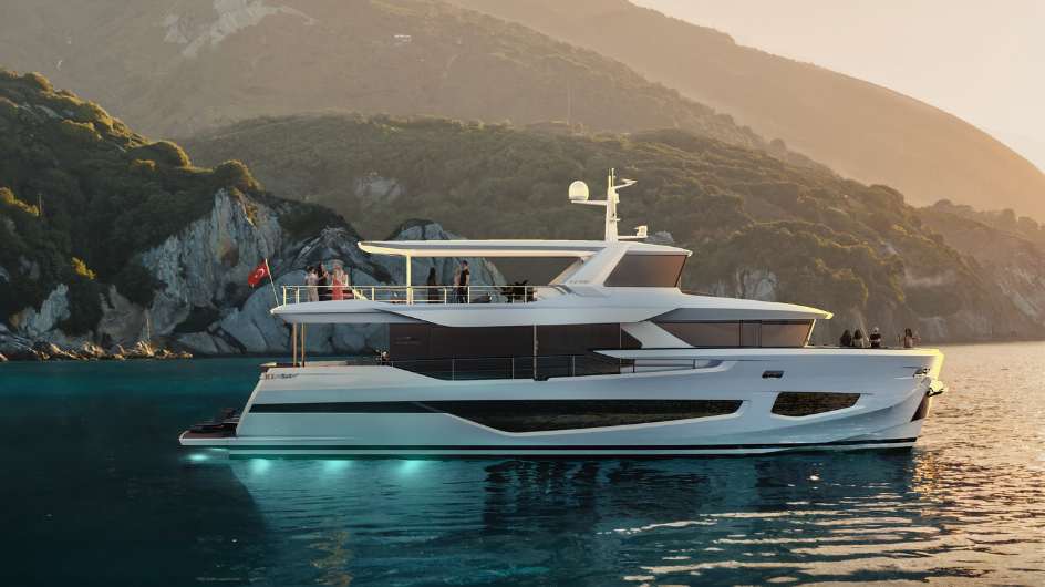 The 27XP lying off a steep headland at dusk, lit from under the hull