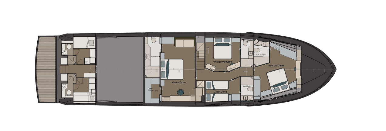 Numarine's lower deck plan for the 27XP, showing the cabins, the heads and the machinery spaces