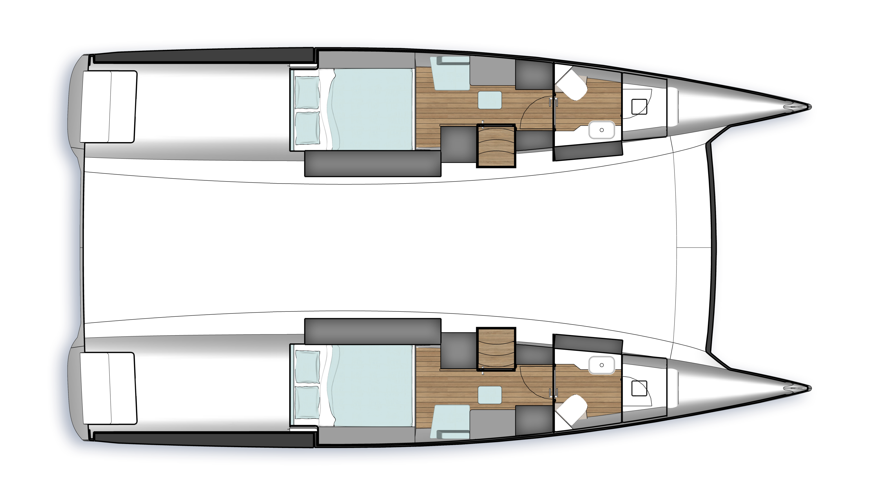 NYX's two-cabin plan for the 42C seen from above, one double cabin and one heads in each hull