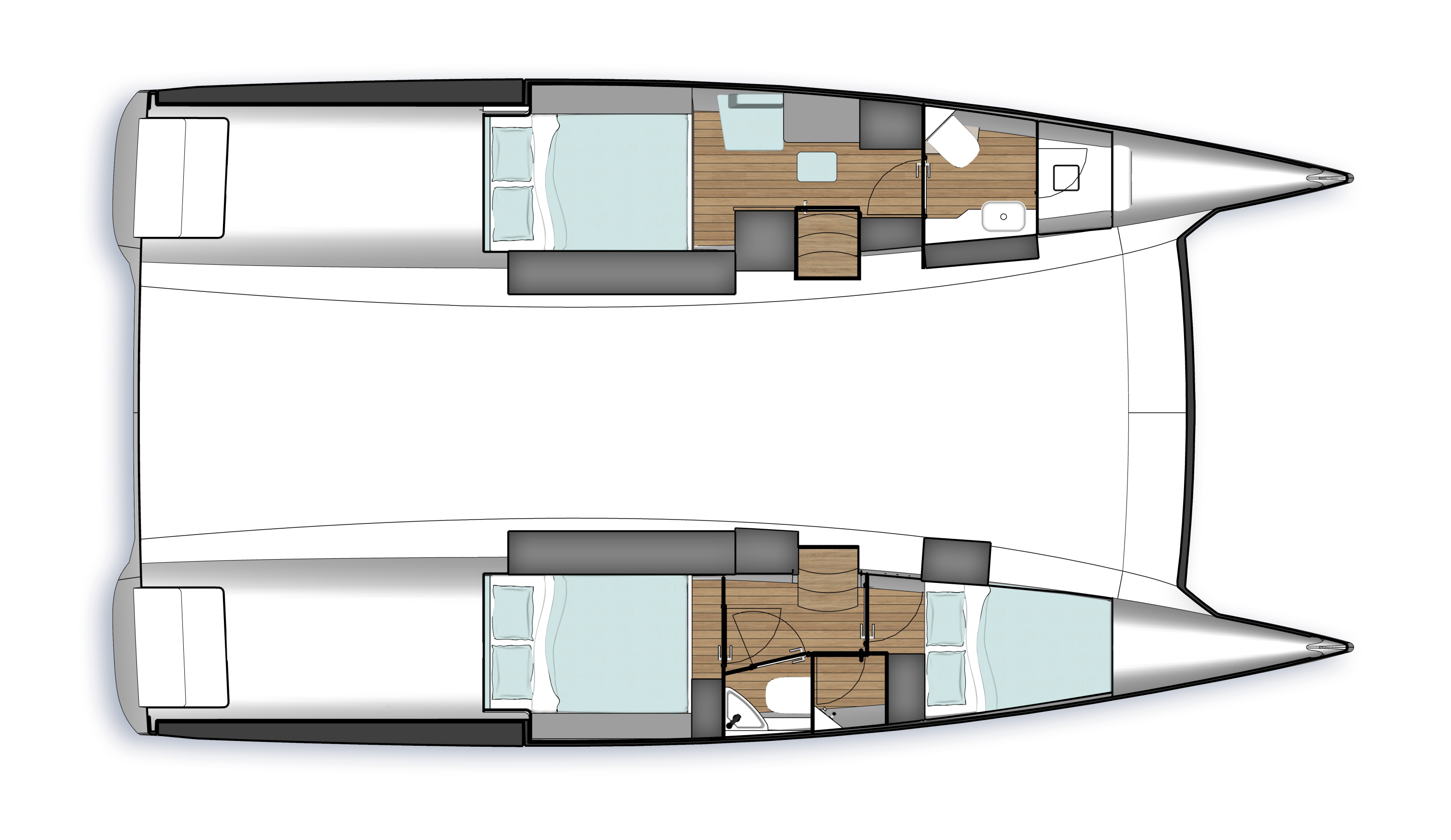 NYX's three-cabin plan for the 42C seen from above, one double in the port hull and two in the starboard hull