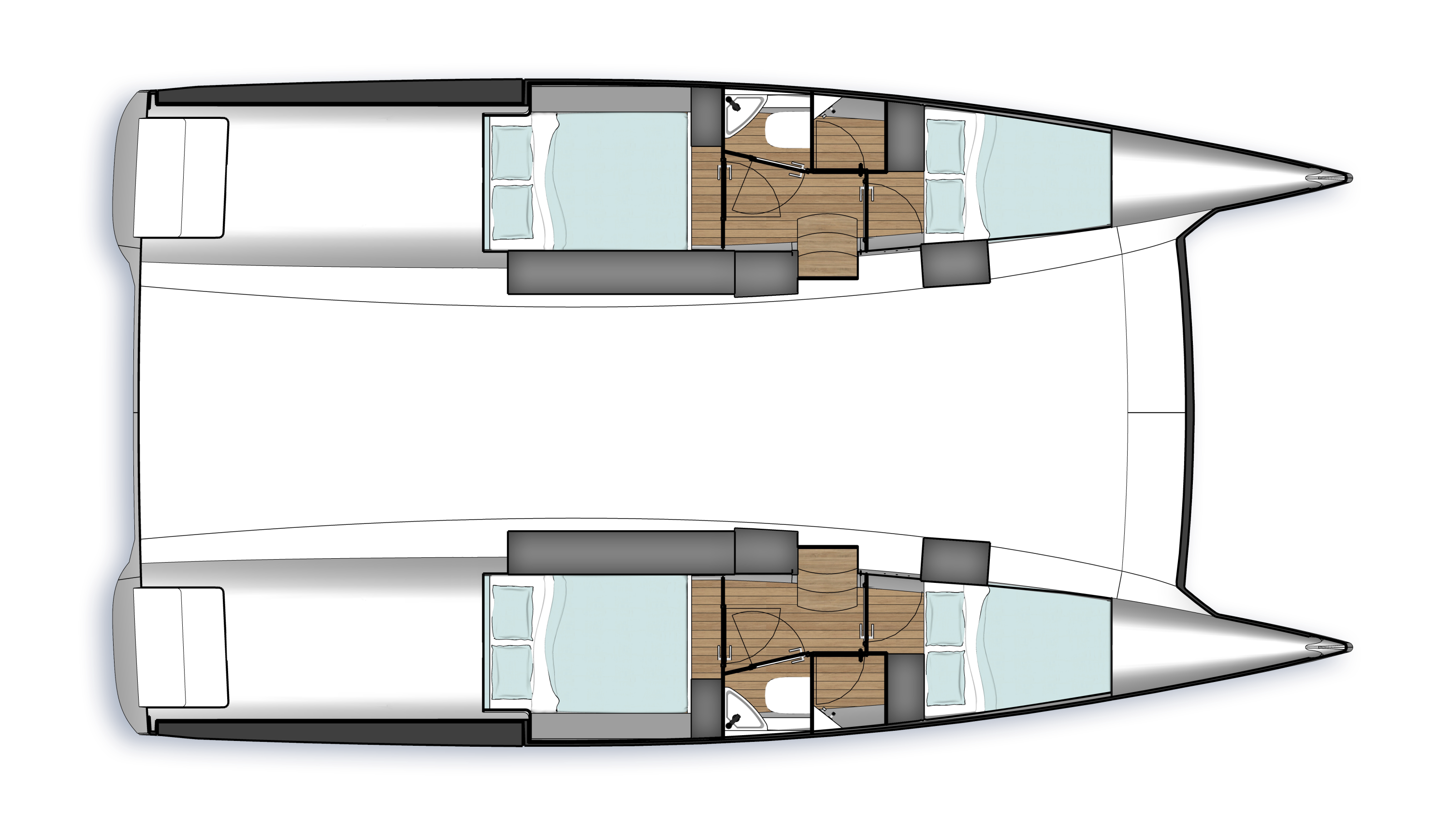 NYX's four-cabin plan for the 42C seen from above, two double cabins in each hull sharing a heads between them