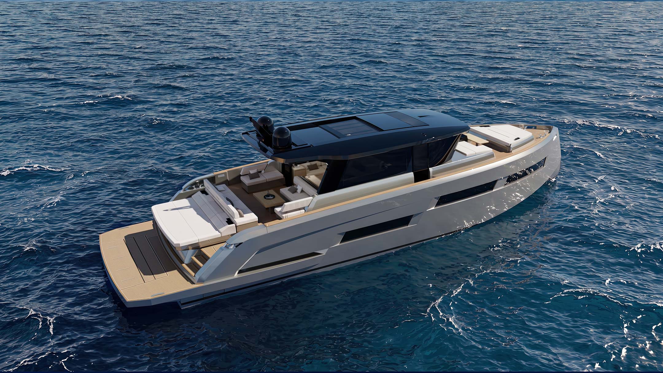 The GT65 seen from above and astern, with the cockpit and foredeck lounge in view