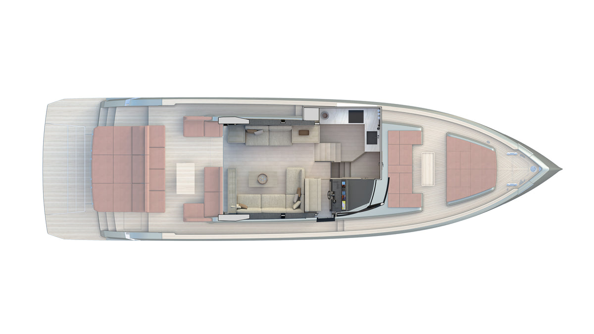 Pardo's main deck plan, with the cockpit aft, the saloon amidships and the foredeck lounge forward