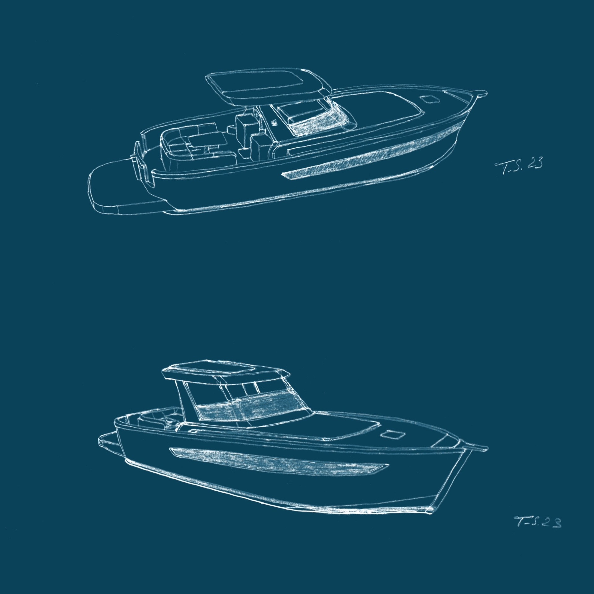 Tommaso Spadolini's sketches of the Patrone 45, two three-quarter views in white line on a deep blue ground, signed T.S. 23