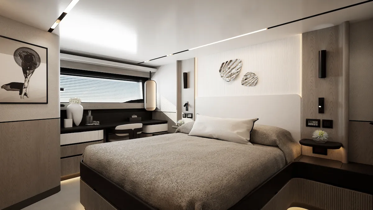 A second cabin running the full width, with a long hull window