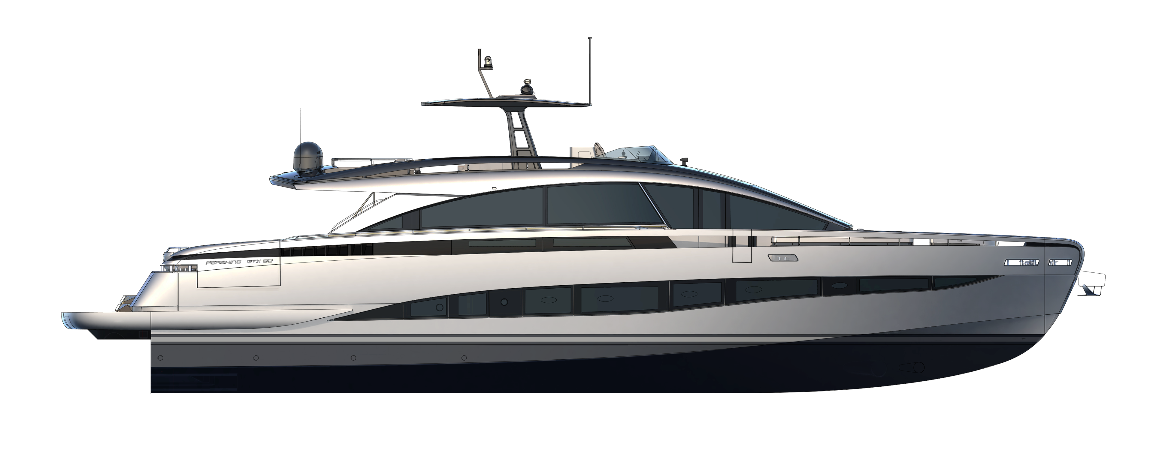 Pershing's profile drawing of the GTX90 on a white ground, showing the raked bow, the long glazed superstructure, the radar arch and the hull windows down the side