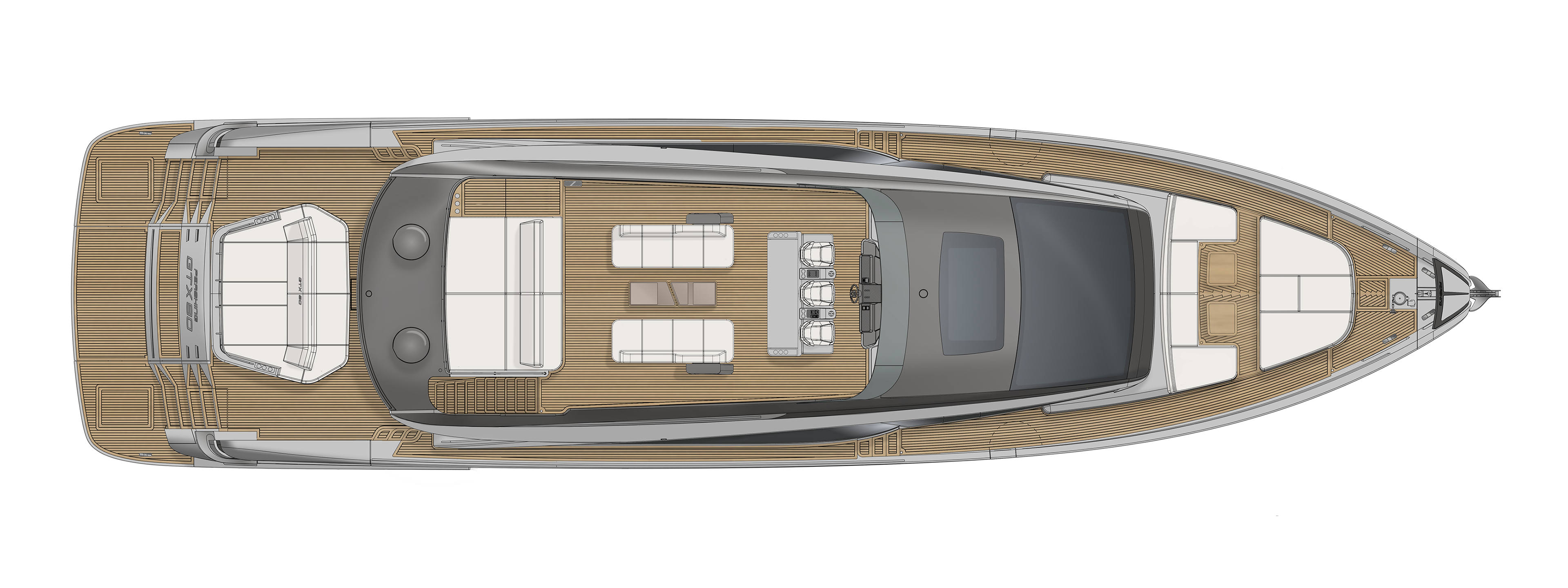 Pershing's main deck plan of the GTX90 seen from above, with the tender in the aft garage, teak side decks, a seating group and helm amidships and a sunpad forward