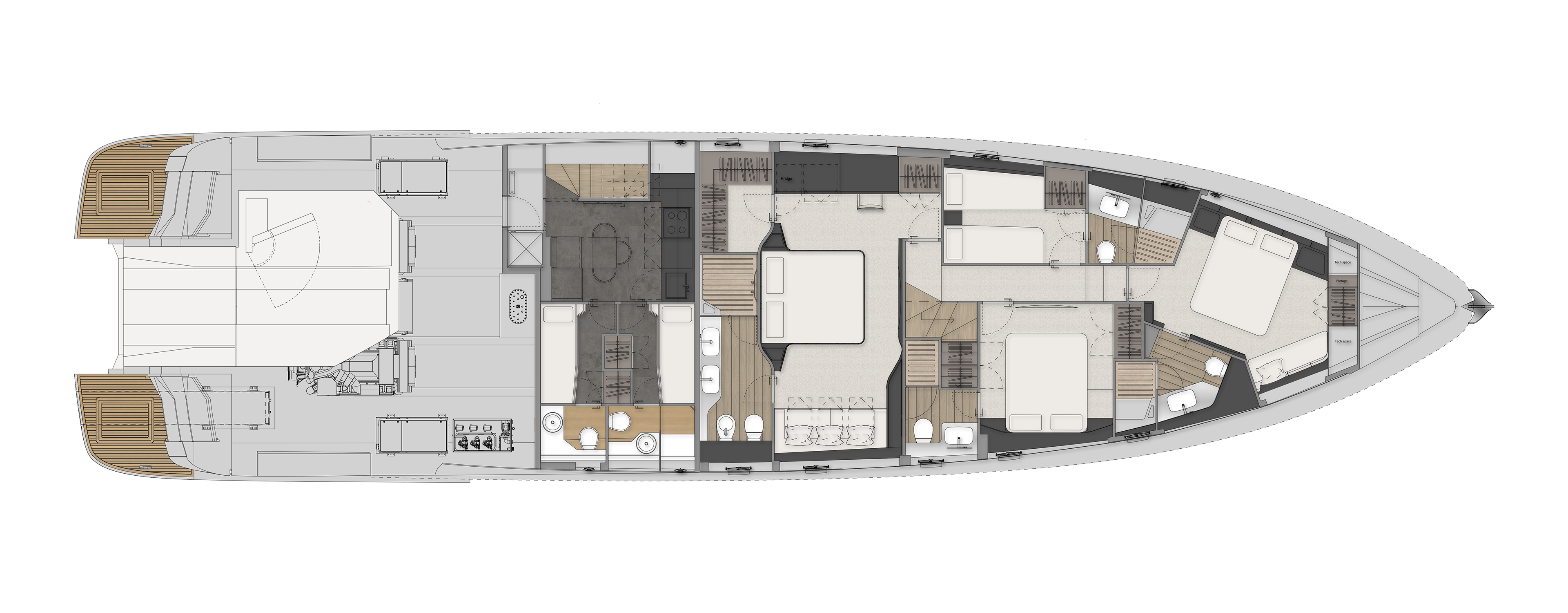 Pershing's lower deck plan of the GTX90, showing the engine room aft, crew quarters, a galley, and four guest cabins with the largest one forward