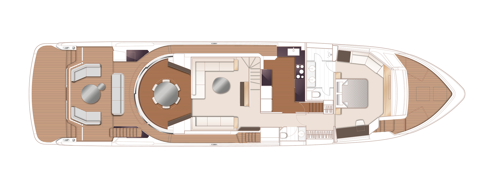 Princess's main deck plan of the X90, with the aft cockpit seating, a round dining table and saloon amidships, the galley and helm forward and the owner's suite in the bow