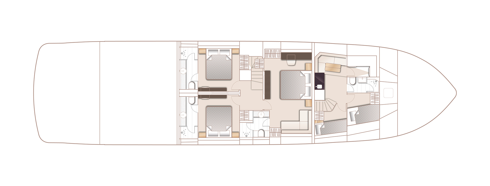 Princess's lower deck plan of the X90, showing four guest cabins with their own bathrooms and crew quarters forward