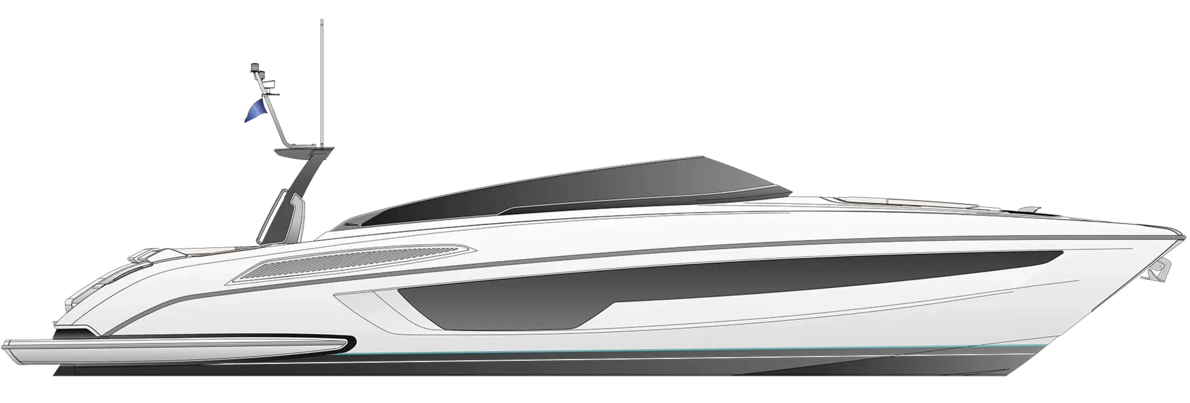 Riva's profile drawing of the 56' Rivale Super, showing the low white hull, the dark window band and the open cockpit with its radar mast
