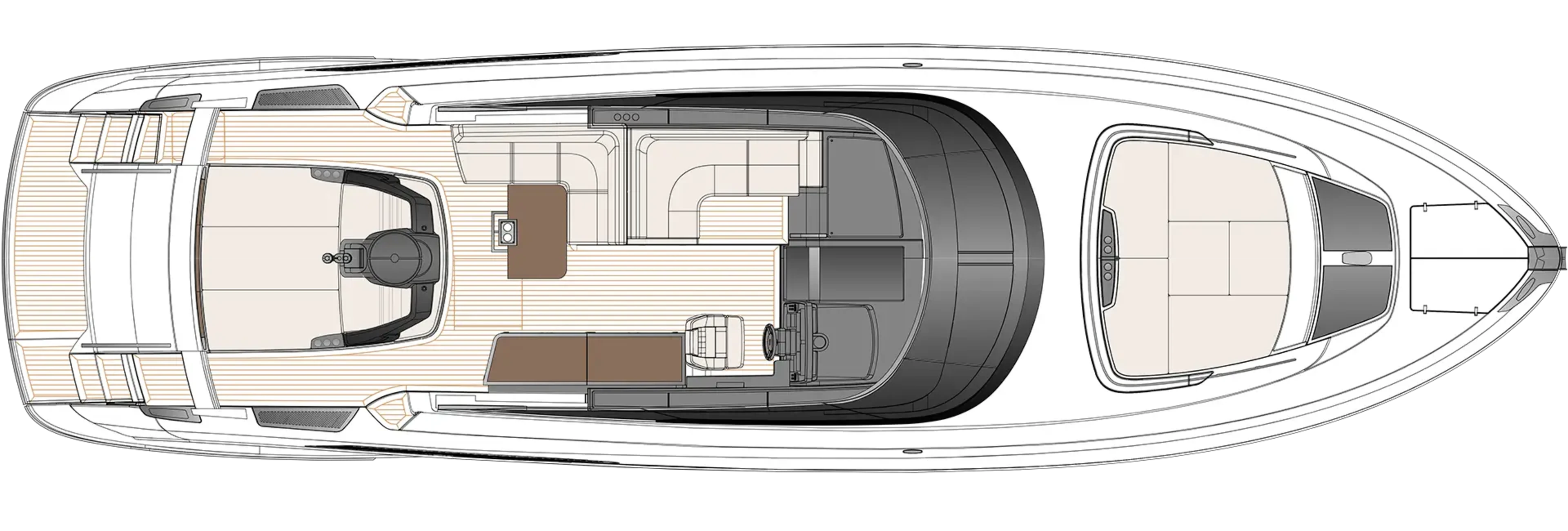 Riva's main deck plan seen from above, with the aft sunpad, the cockpit seating and helm amidships and a foredeck sunpad forward