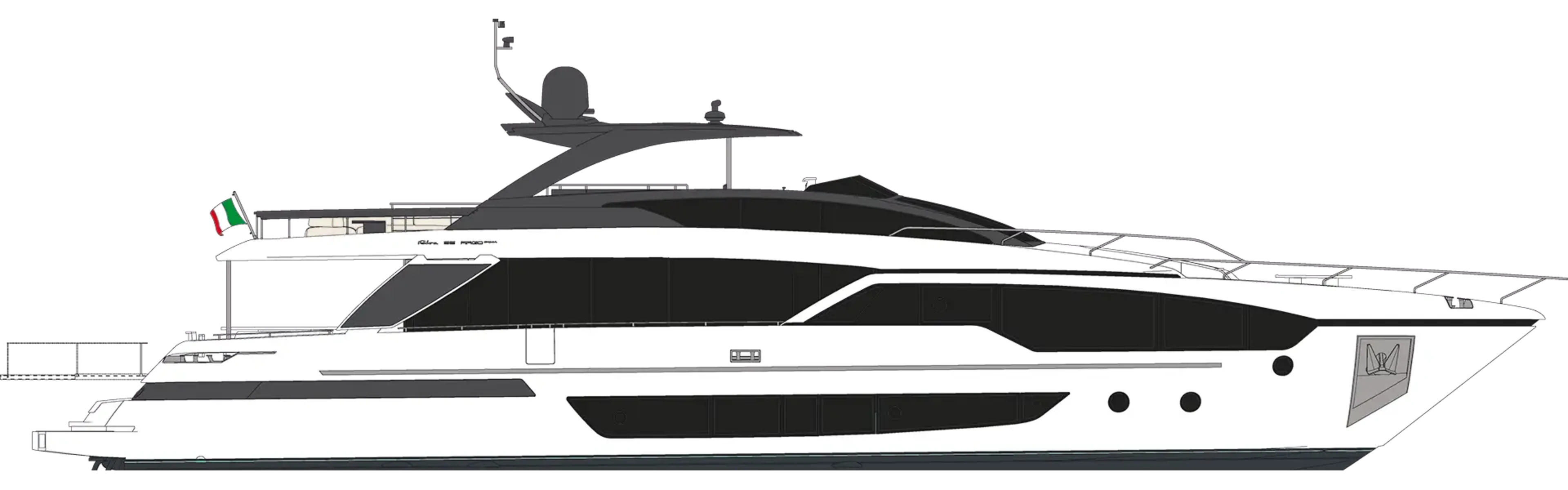 Riva's profile drawing of the 96' Argo Super, showing the flybridge arch, the long dark window band and the raked bow