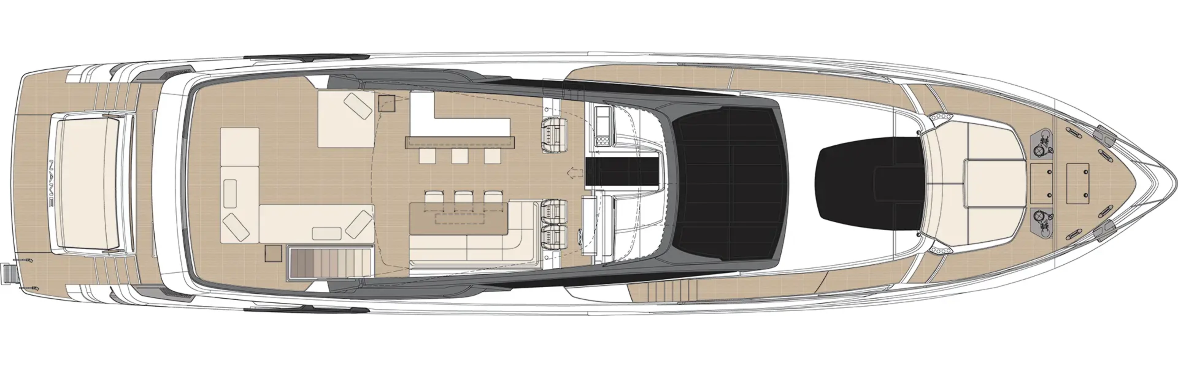 Riva's sun deck plan seen from above, with the helm and seating forward under the arch and a tender and sunpads aft