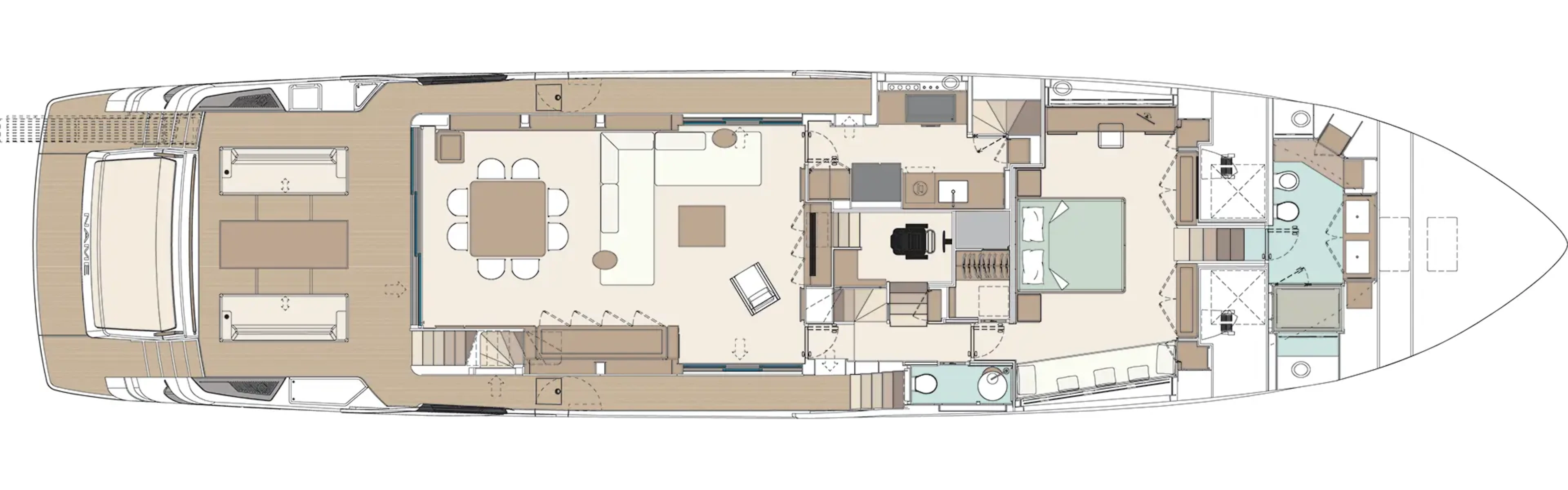 Riva's main deck plan, with the aft deck and its dining table, the saloon and galley amidships and a cabin with bathrooms forward