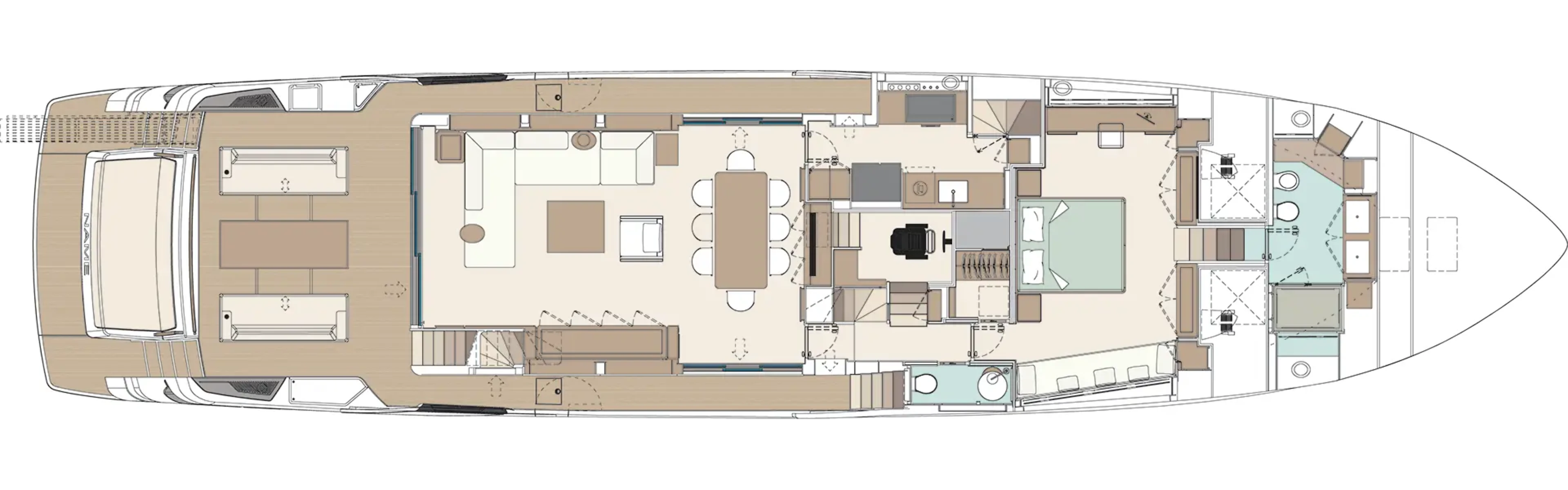 Riva's lower deck plan, showing the engine room and tender garage aft and four guest cabins with their own bathrooms forward