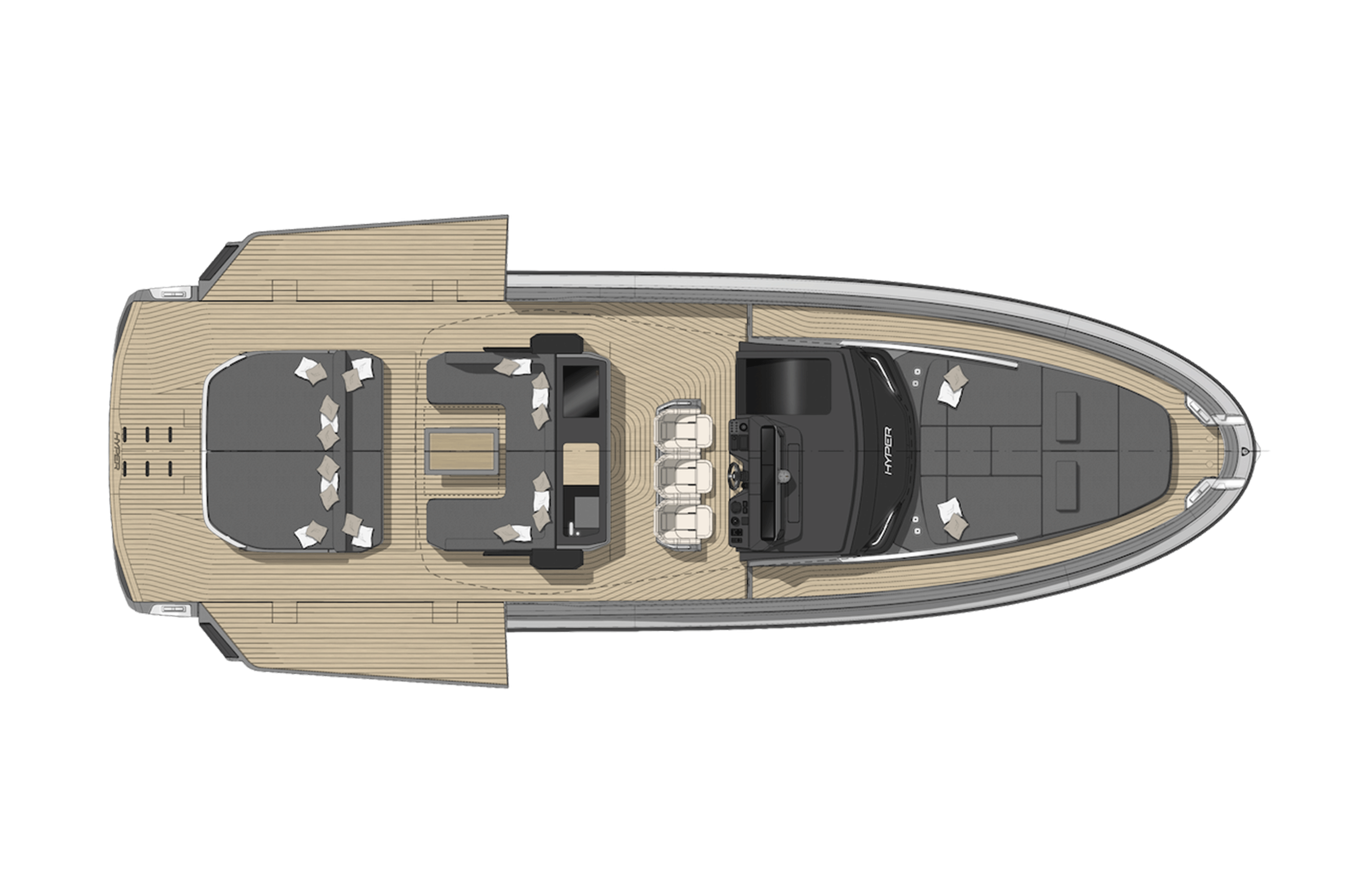 SACS's main deck plan of the Hyper 5S seen from above, with the aft sunbed and a convertible seating group under the hardtop, three helm seats at the console and a bow lounge forward