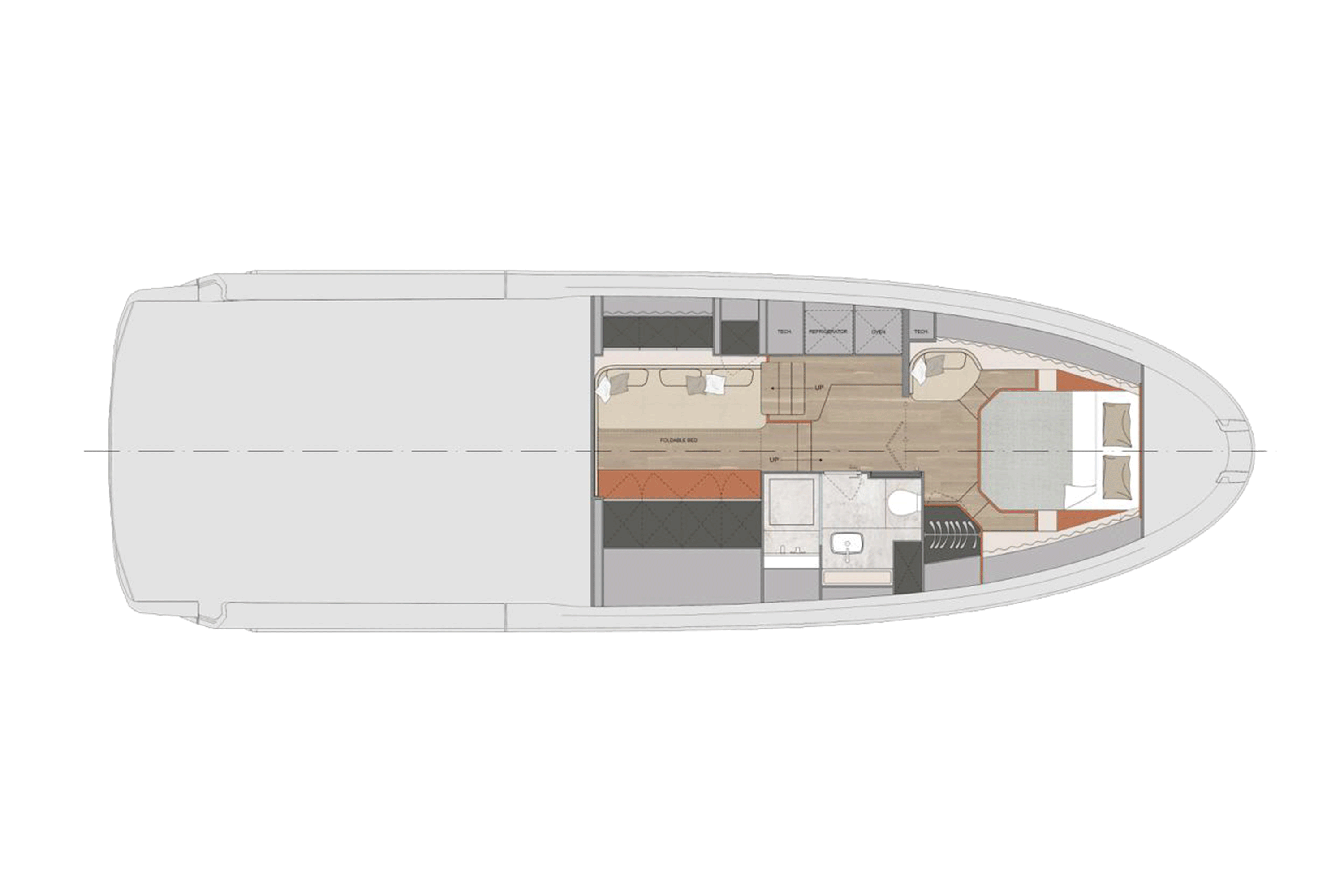 SACS's lower deck plan of the Hyper 5S, showing a foldable bed and seating amidships, a bathroom and galley units to one side and a double cabin in the bow