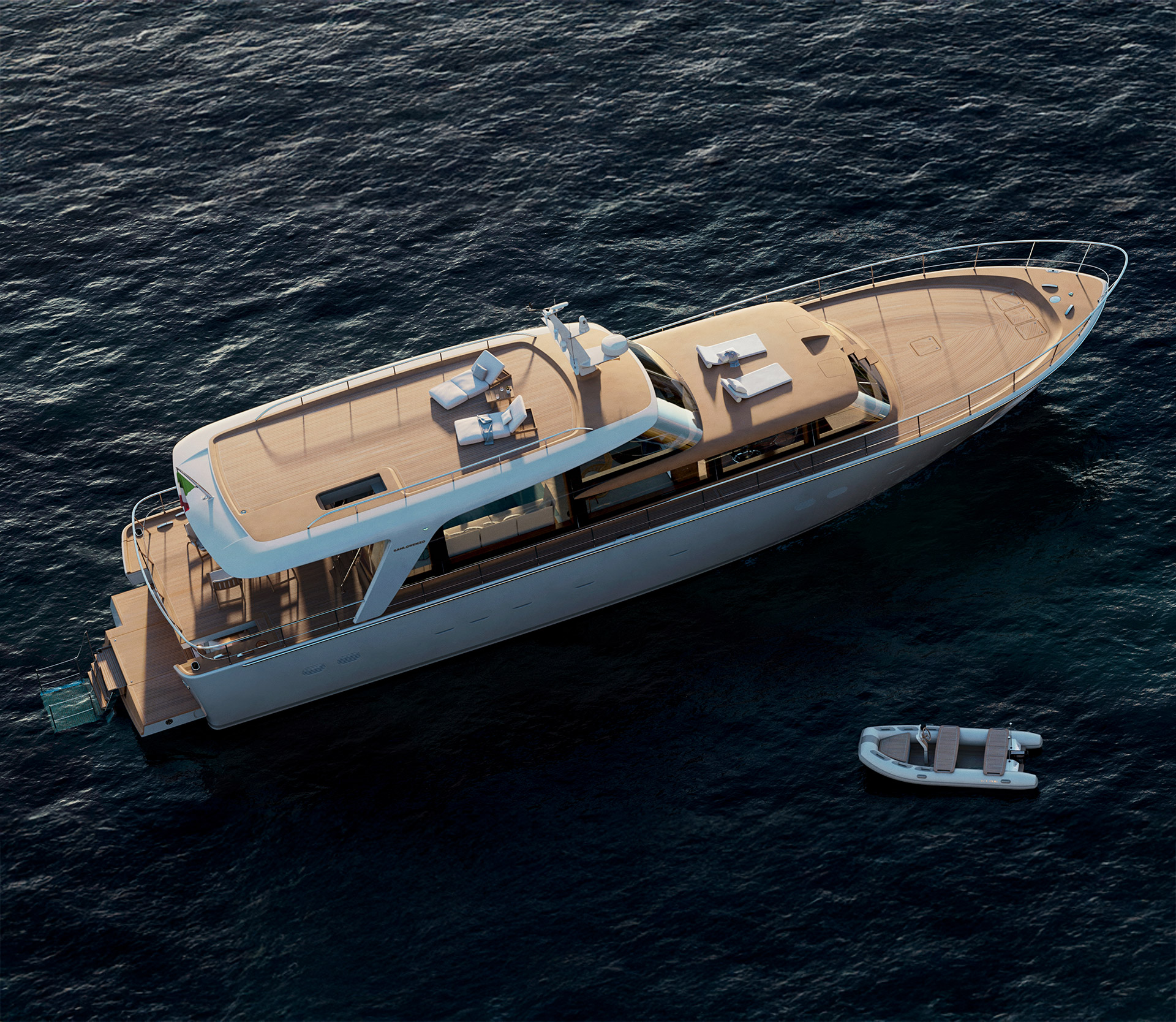 SHE from above and astern, with a tender alongside