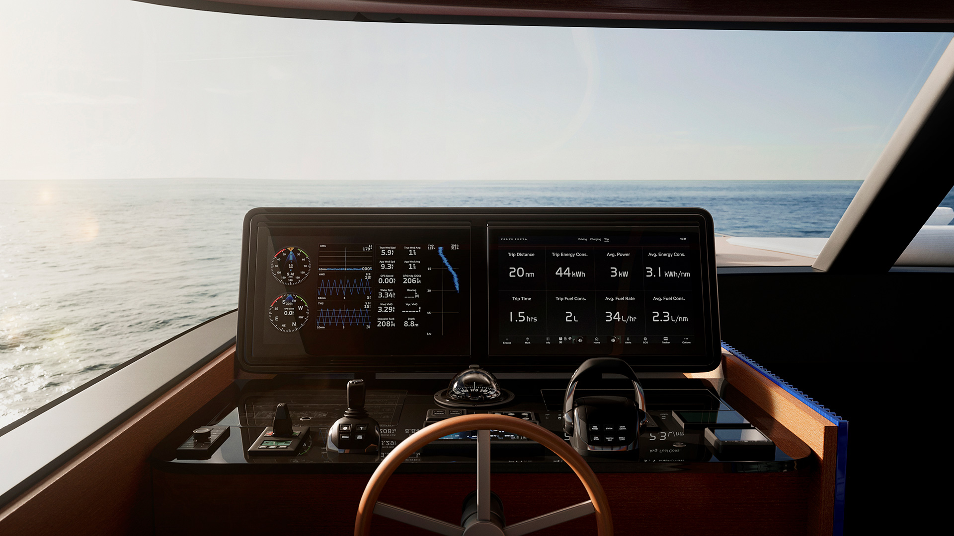 The helm, with a wooden wheel and a wide display showing the hybrid readouts