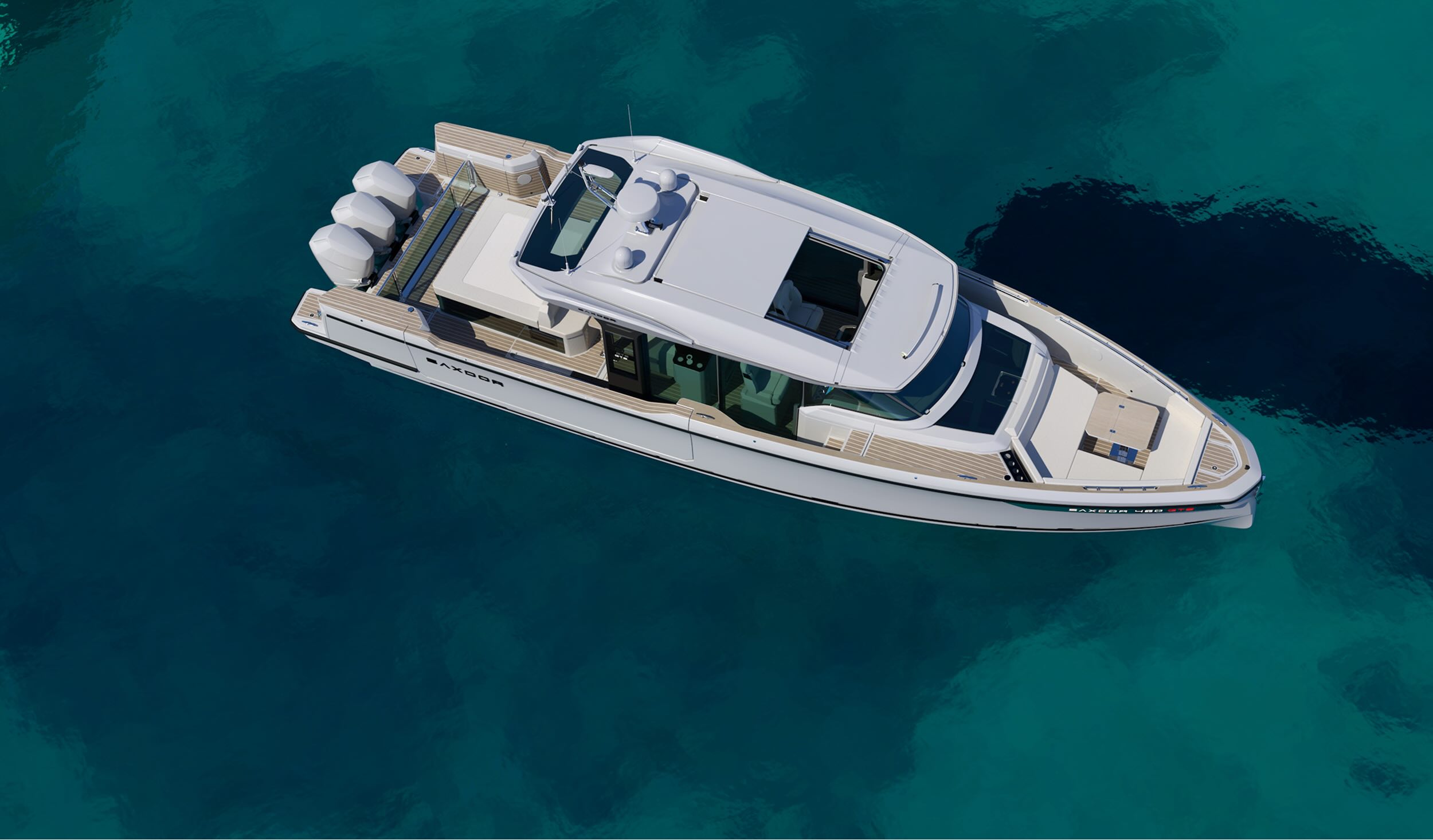 The 460 GTS seen from directly above, with the outboards and the aft platform in view
