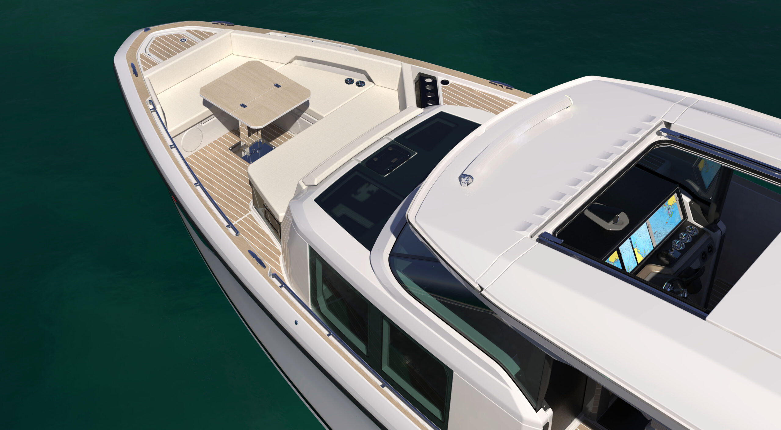 The foredeck and the hardtop seen from ahead and above