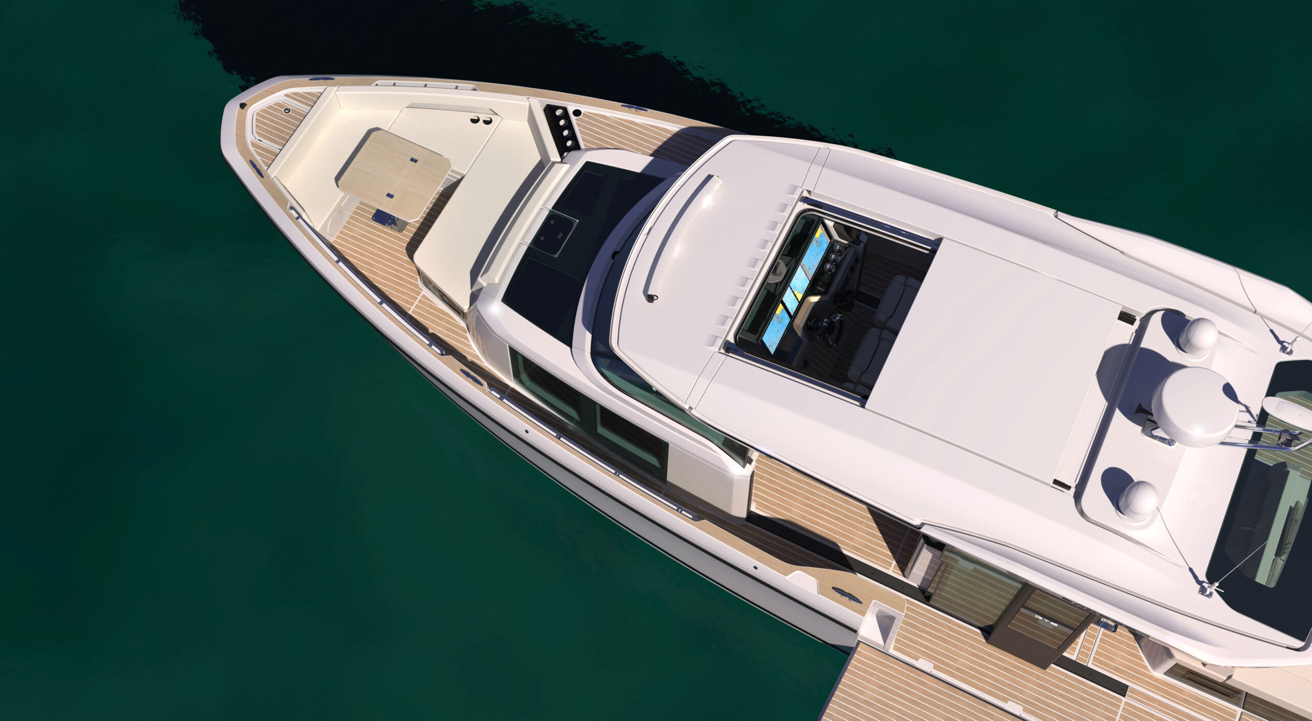 The bow from above, showing the walkaround side decks