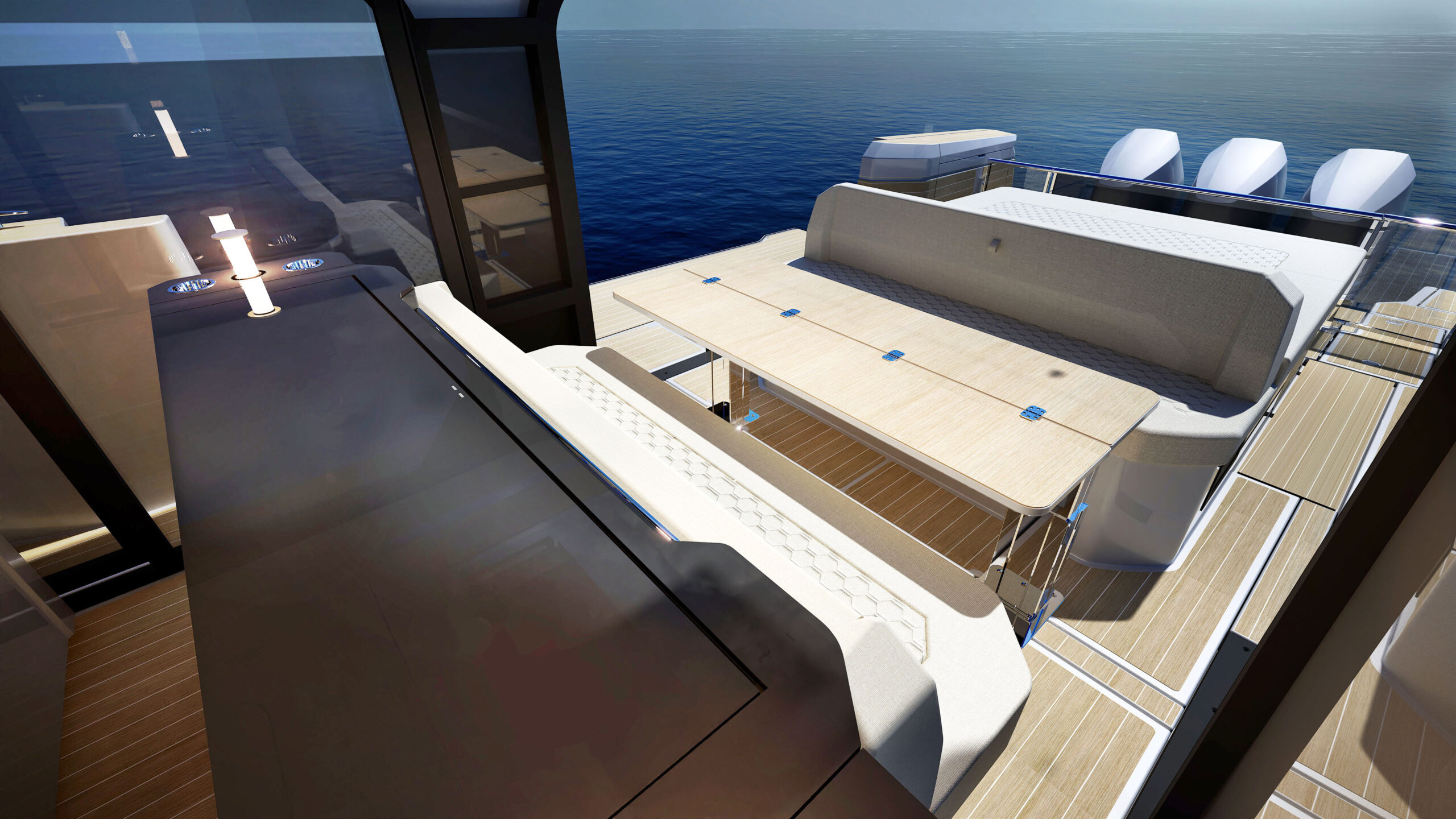 The cockpit seating and folding table under the hardtop, looking aft