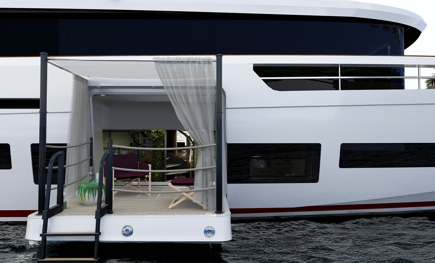 A folding balcony open at sea level, with a chair and curtain inside the opening