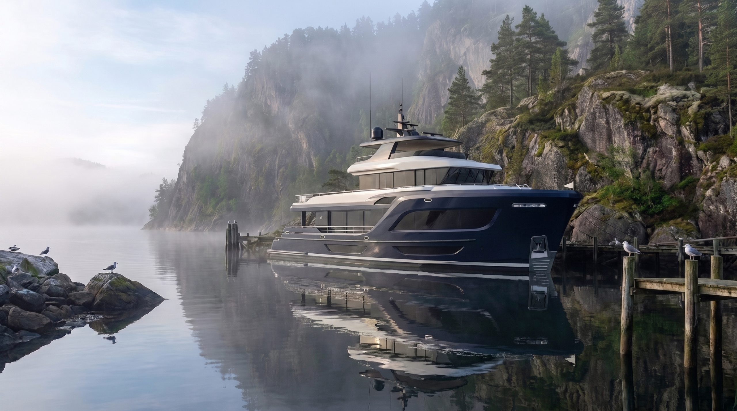 An Ocean Explorer lying against a rock face in a misty fjord