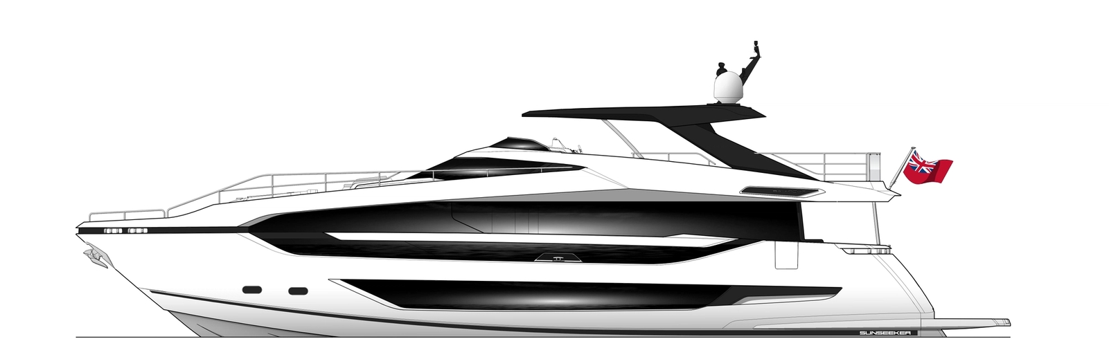 Sunseeker's profile drawing of the Manhattan 94, the hull and superstructure in side elevation with the flybridge hardtop above