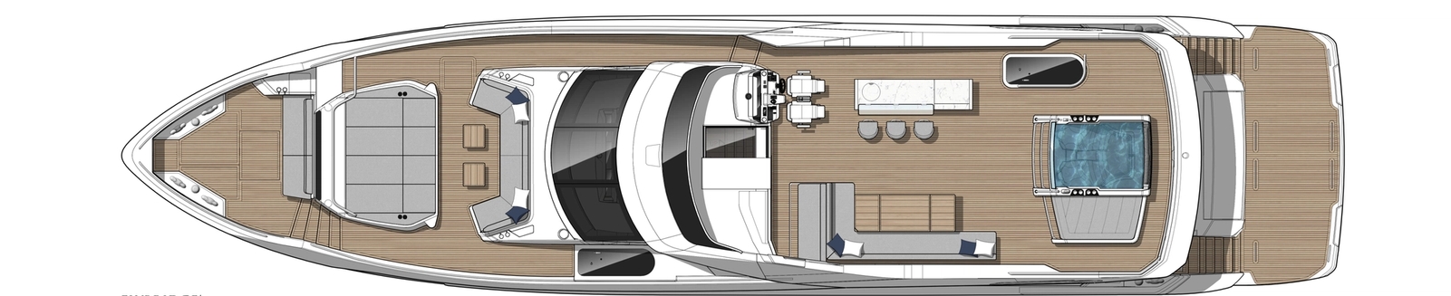 Sunseeker's flybridge plan for the Manhattan 94 seen from above, the helm and bar forward of an aft spa pool, with the foredeck sunpads beyond