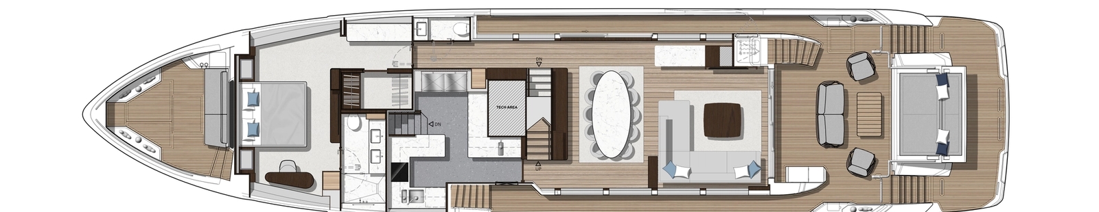 Sunseeker's main deck plan for the Manhattan 94 seen from above, the owner's suite forward of the galley, with the saloon, dining table and aft cockpit behind