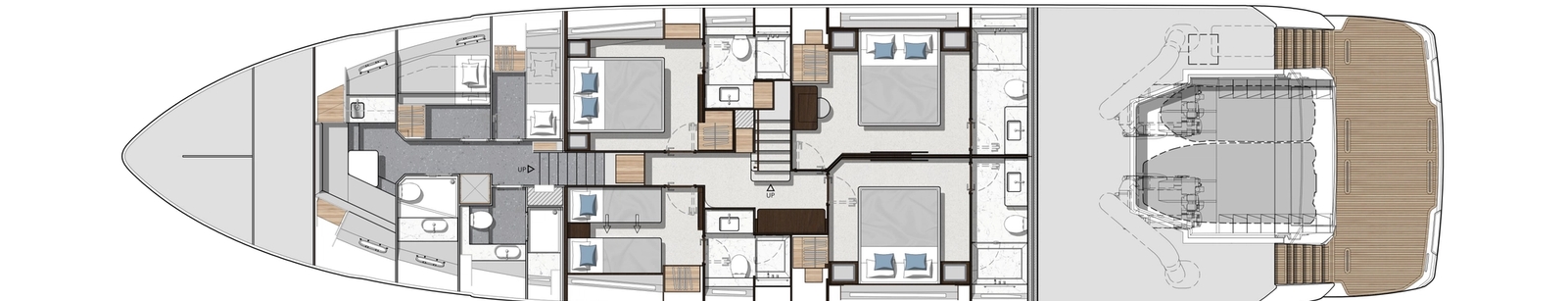 Sunseeker's lower deck plan for the Manhattan 94 seen from above, four guest cabins amidships with crew quarters forward and the engine room aft