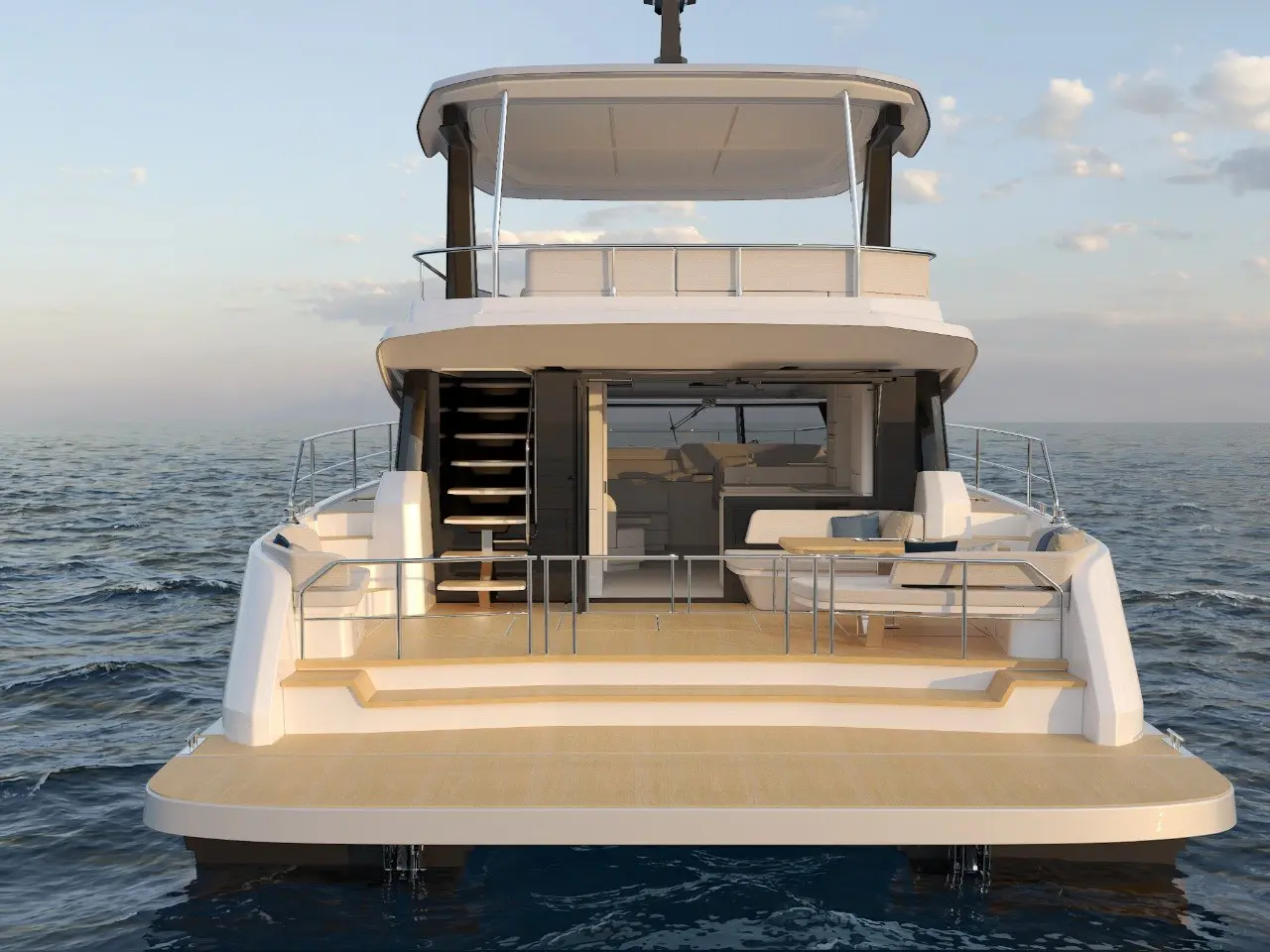 The 53 from astern, with the aft platform and the flybridge stairs