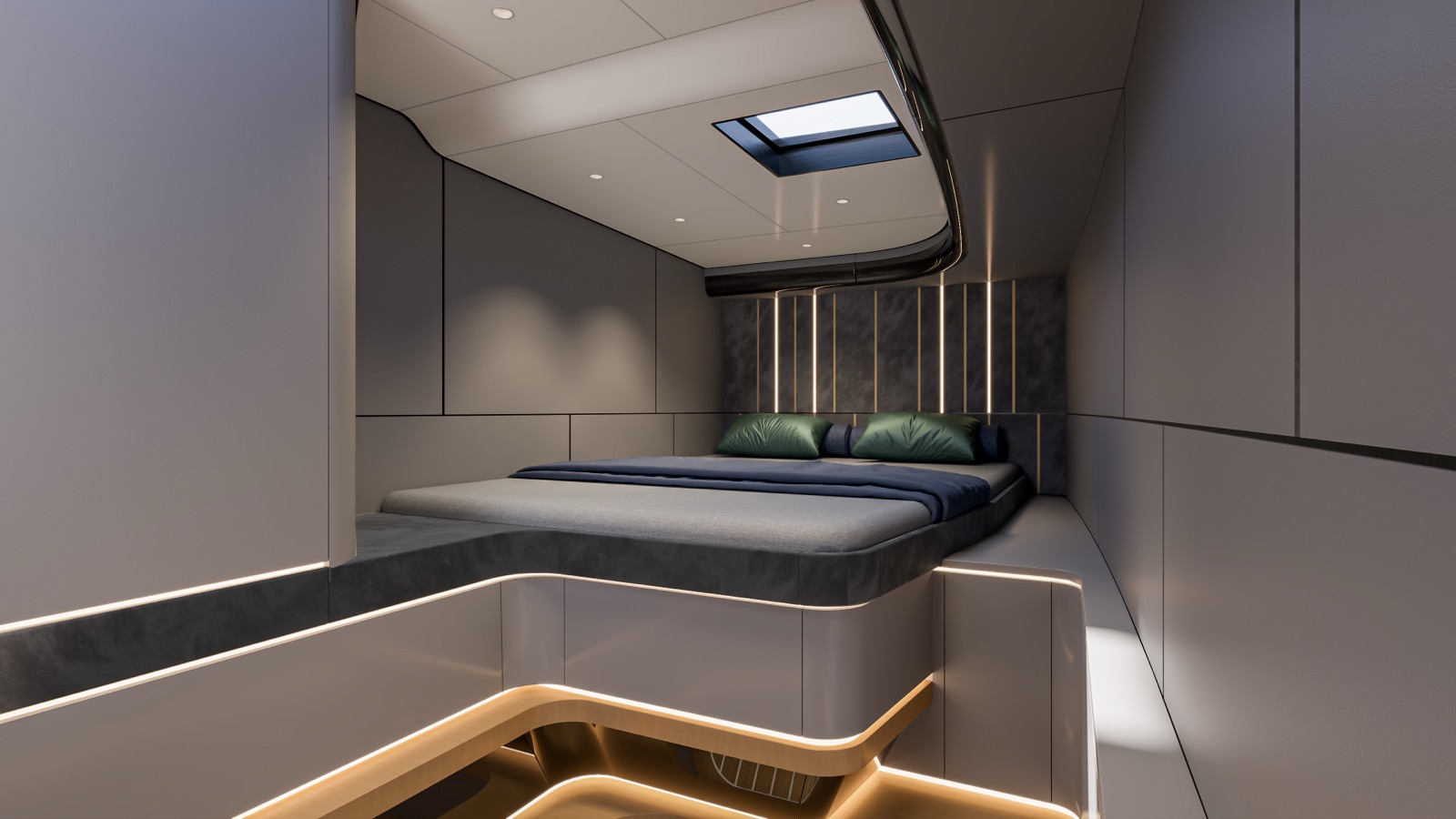 A double cabin below deck, the bed set on a raised platform against a dark padded headboard with strip lighting, a hatch overhead and green cushions on the bed