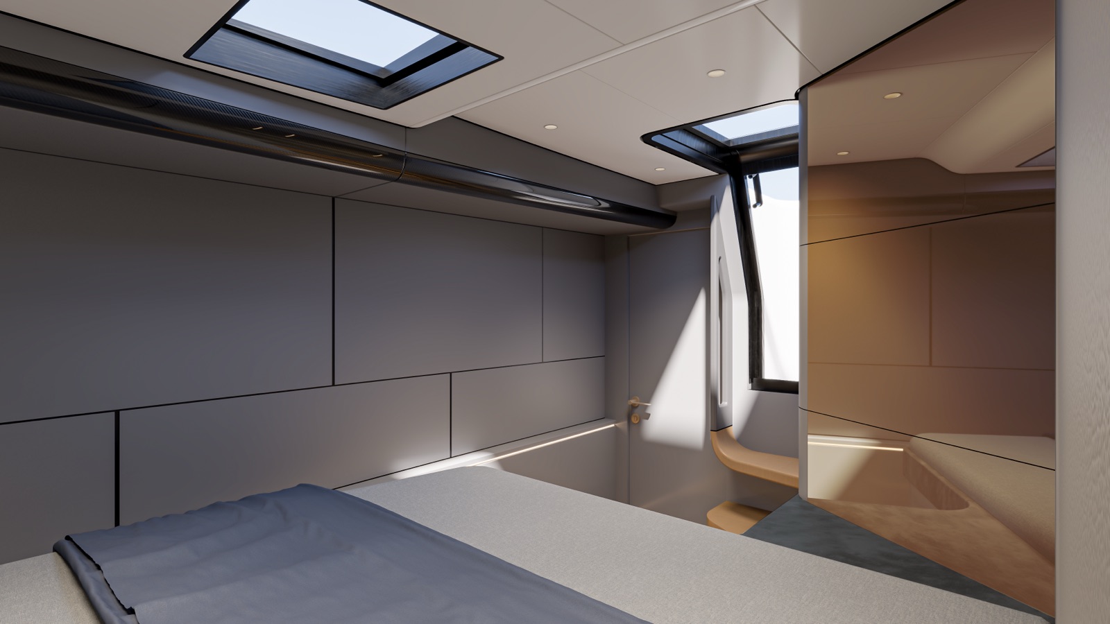 Another cabin looking aft, the bed in the foreground and a hull window with a seat beneath it, pale grey joinery and a skylight above