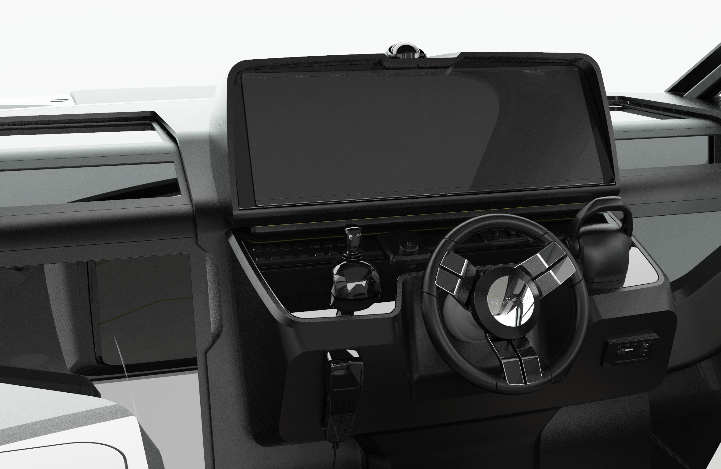 The helm console seen close up, a single wide black screen above a joystick, throttles and a three-spoke wheel