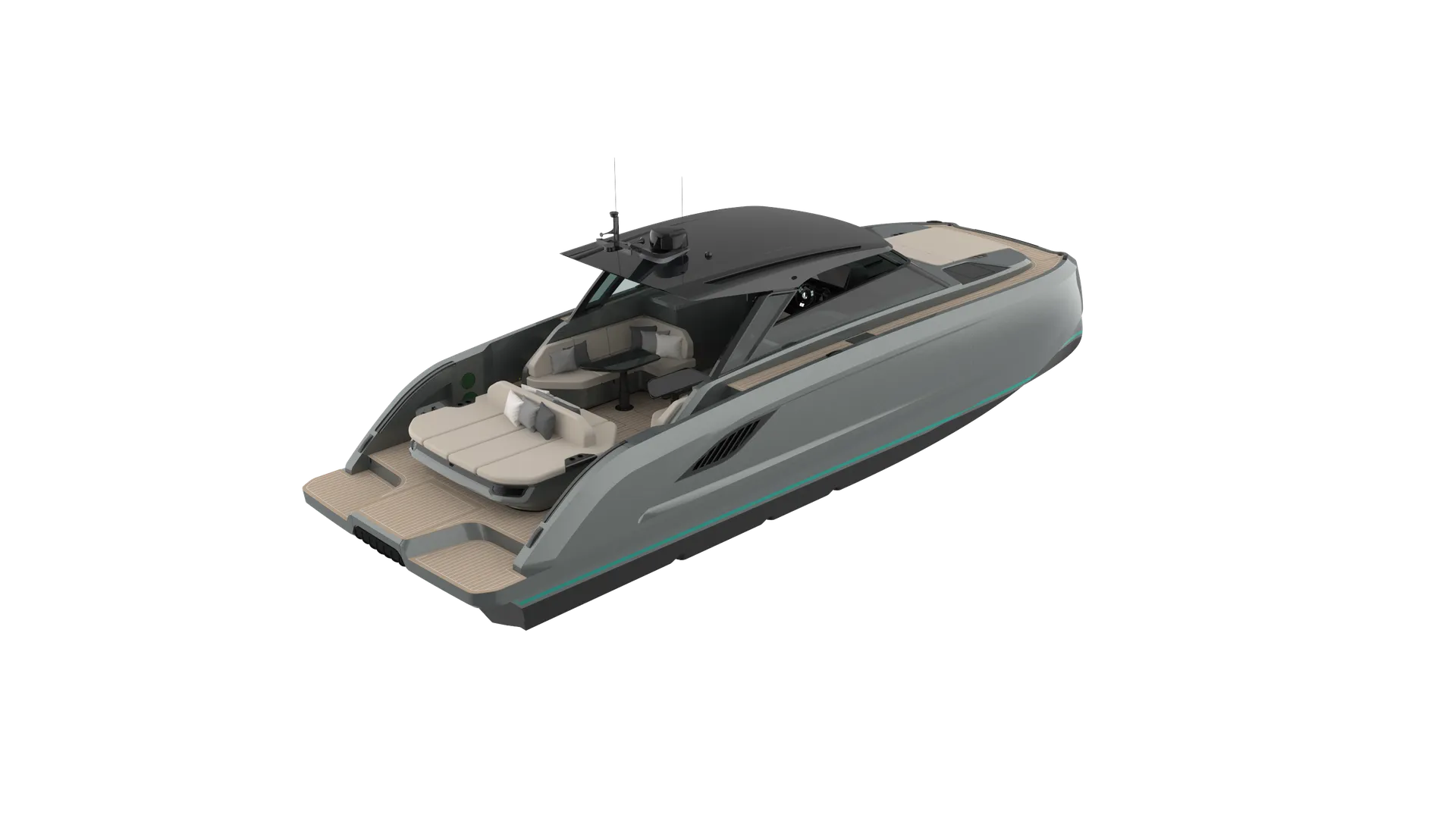 Vybe's studio render of the 43 on a white ground, seen from above and astern, showing the cockpit seating, the teak aft deck and the dark hardtop