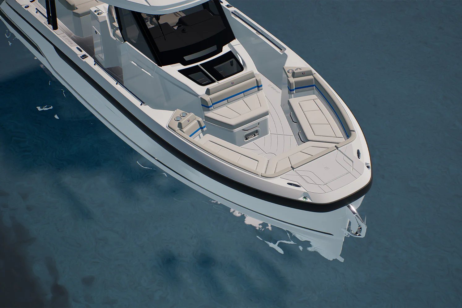 The 33 T-Top from above and ahead, showing the bow cockpit and the T-top