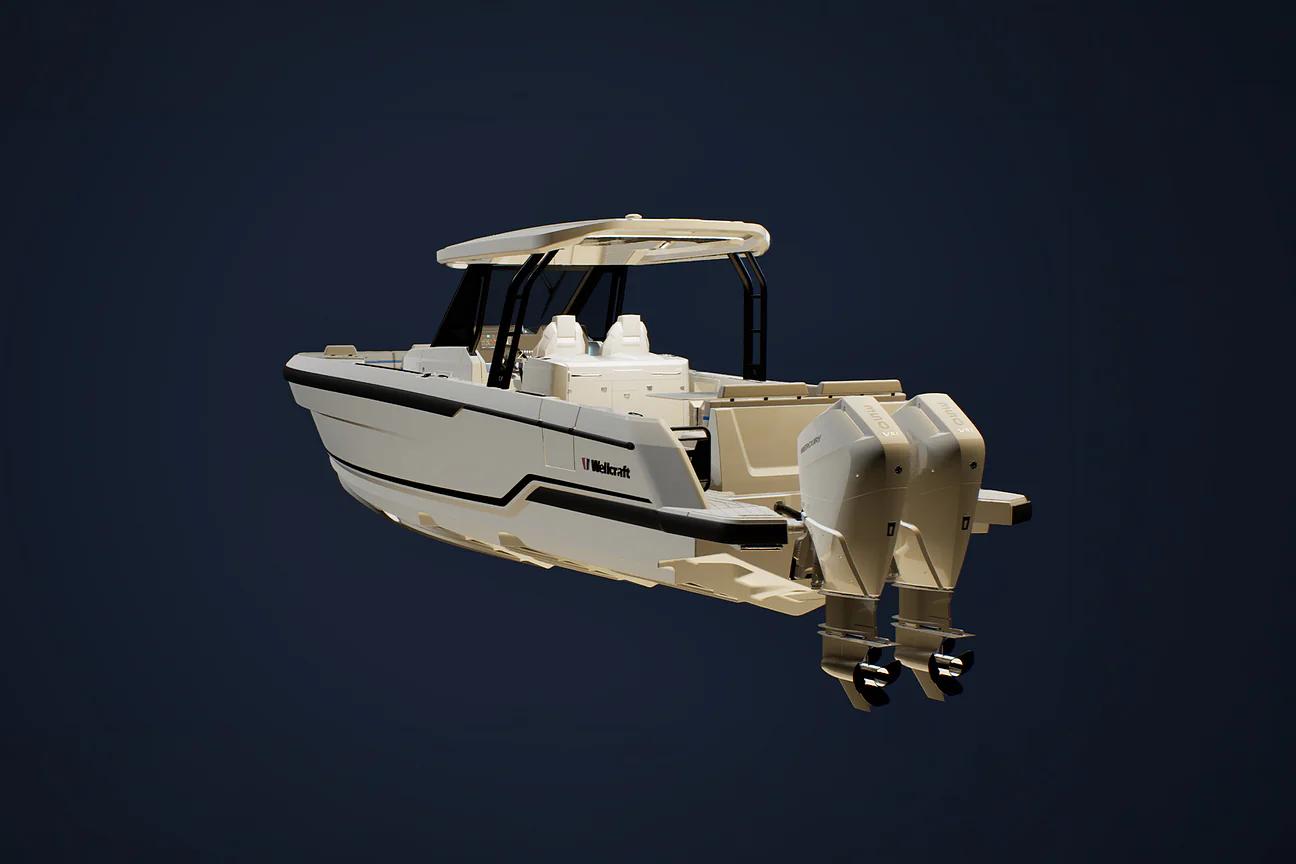 A studio render of the 33 T-Top on a dark background, showing the twin outboards