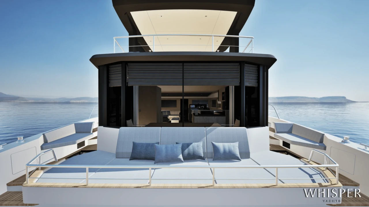 The foredeck sunpads looking aft to the glazed deckhouse