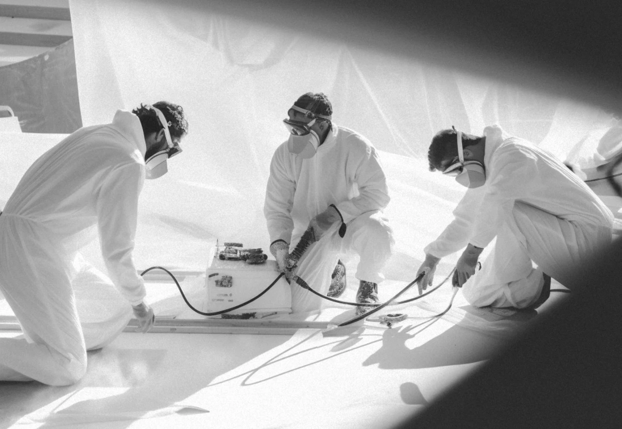 Three workers in protective suits laminating a hull inside the yard, in black and white
