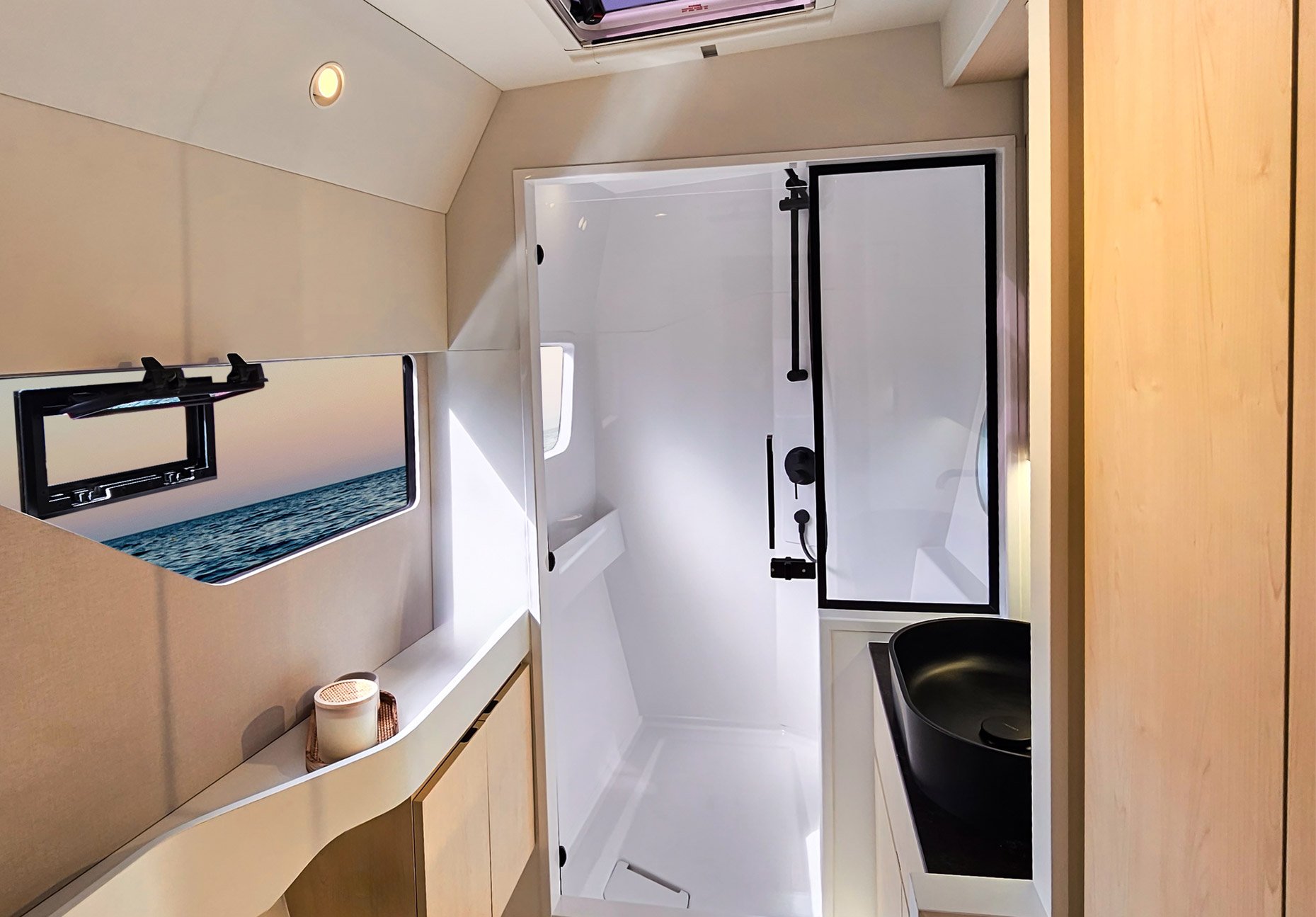A heads compartment with a separate shower stall