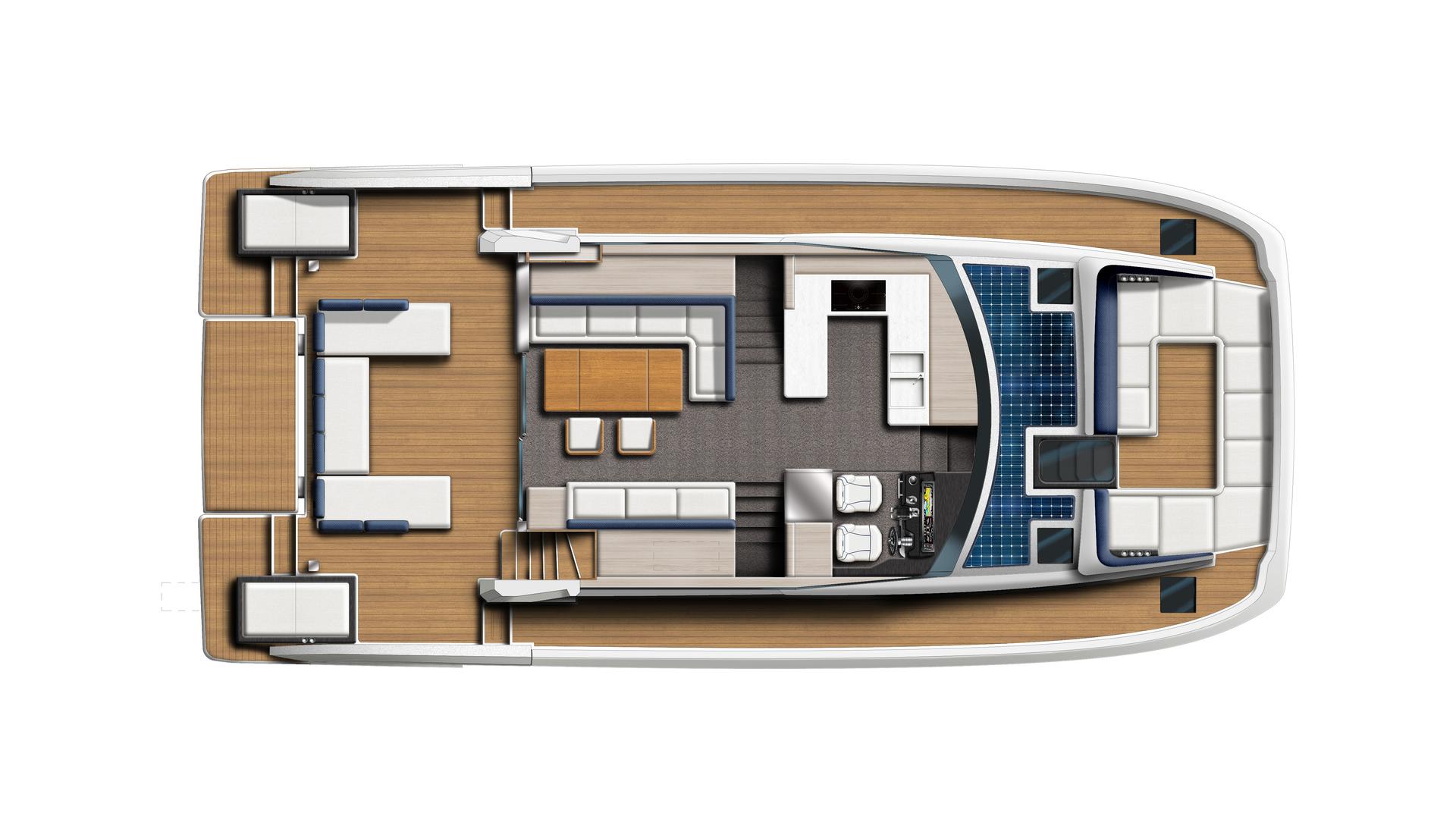 Main deck plan of the YOT 53 seen from above, showing the saloon and galley amidships, helm seats to starboard, the cockpit aft and a terrace on the foredeck
